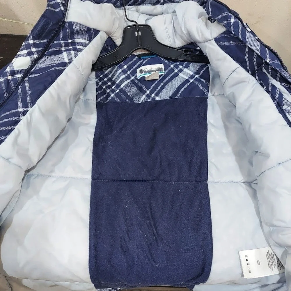 Columbia Kids‎ Omni-Shield Puffer Jacket Navy Blue White Plaid Hooded Size 14/16